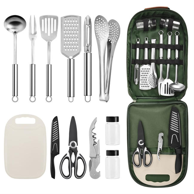 Camping Cooking Utensils Set 27 Pcs Cookware Kit - Portable Outdoor Cooking and Grilling Utensil Organizer Travel Set for Backpacking BBQ Camping Travel,Camping Accessories,Dark Gray Camo